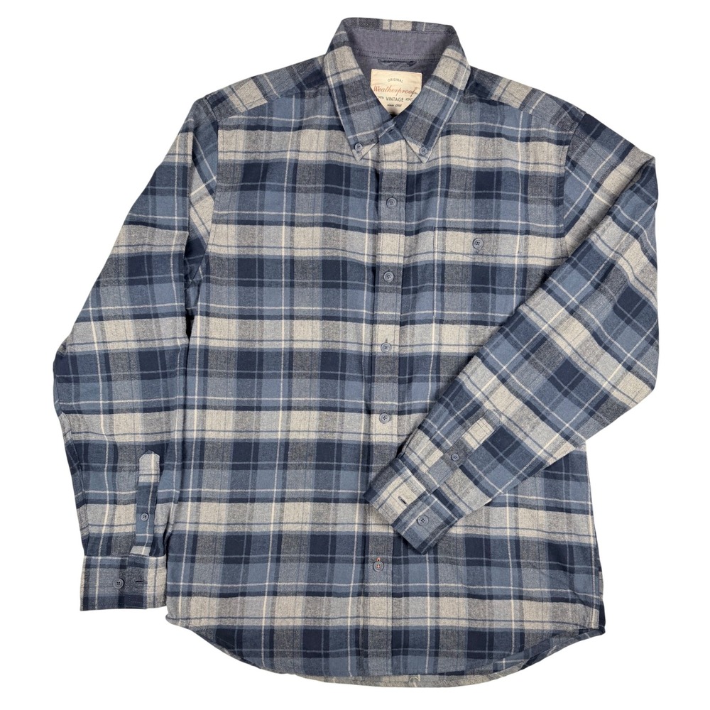 Weatherproof Vintage Mens Blue Grey Plaid Flannel Button Down Shirt Size Medium
